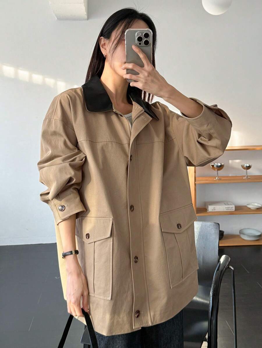 Dazy-Less Áo khoác nữ thường ngày màu tương phản có túi lớn, phong cách tiện dụng, trang phục công sở mùa thu, trang phục thường ngày cho phụ nữ, áo khoác nữ - Màu Khaki - Xem 1