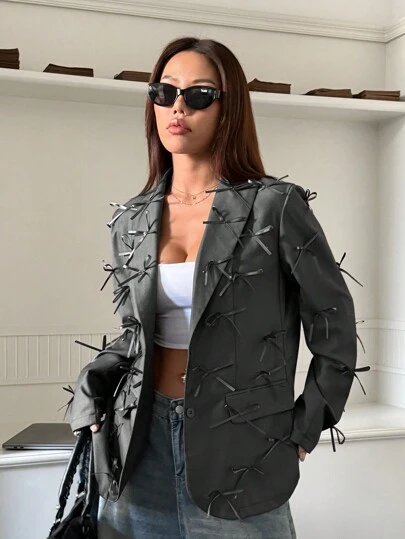 SHEIN EZwear Chaqueta casual de blazer elegante con decoración de lazo para mujer, de manga larga, para otoño