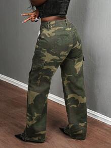 SHEIN Slayr Women's Cargo Pocket Casual Low Waist Camouflage Straight Leg Jeans