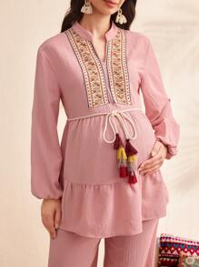 SHEIN 2pcs/Set Maternity Fringe Waist Patchwork Lantern Sleeve Shirt And Pants Set - Pink - View 6
