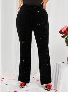 SHEIN SXY Pantalones negros con corazón de terciopelo de talle medio para mujer de talla grande, adecuados para uso diario, vacaciones, playa, fiestas, citas, cumpleaños, despedidas de soltera, fiestas, baile, citas de pareja, elegantes, casuales, compras, ropa de calle, al aire libre, coquetos, fáciles de combinar y estilizadores, que resaltan la figura