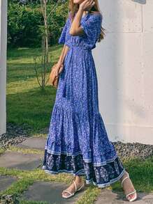 DAZY Ladies All-Over Floral Print V-Neck Oblique Placket Chiffon Dress, Flower Vacation Beach, Spring/Summer Boho - Blue - View 5