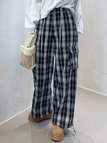 DAZY Women's Drawstring Side Pocket Plaid Cargo Pants, All Season - Navy Blue - View 3