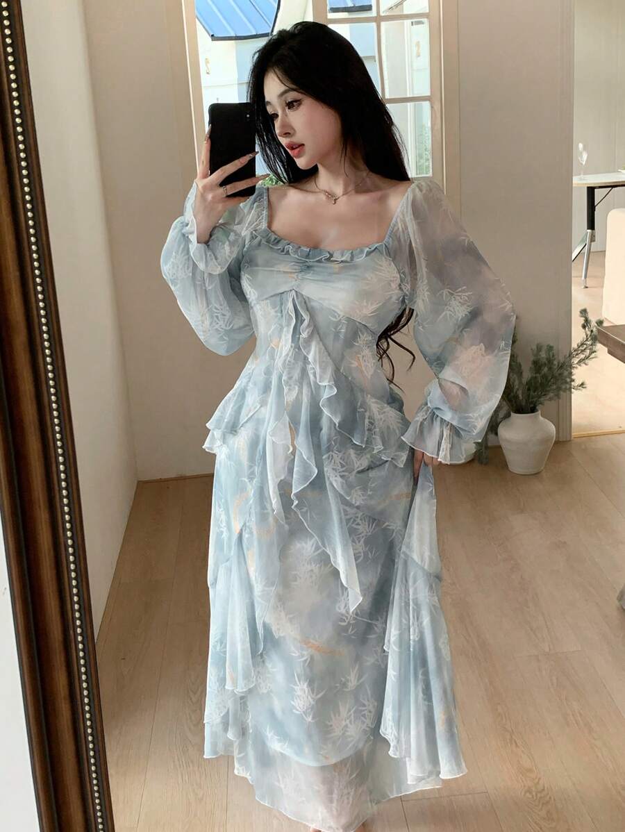 DAZY New Spring Plant Print Waist Gathered Sundress,Muse Dress Design Long Dress For Women Holiday,Ruffle Fall,Winter Floral Maxi Dress - Blue - View 1