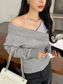 DAZY Blouse femme bicolore à rayures et patchwork, Top à manches longues pour l'automne - Gris - Voir 6