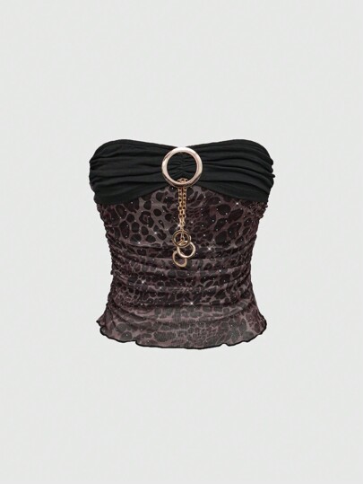 Grunge Punk Collier chaîne métallique pailleté rétro léopard sauvage chic, top court ras-du-cou dos nu pour femmes