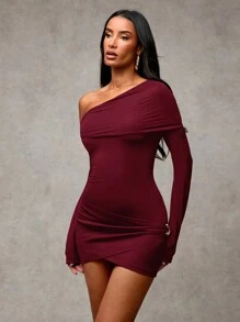SHEIN BAE Women's Elegant Off Shoulder Black Four-Way Stretch Knitted Metal Decoration Asymmetric Fitted Dress, New Years Outfit,Holiday Outfits,Holiday Dress,Christmas Party Dress,New Years Dress
