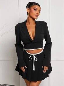 SHEIN SXY Women's Autumn Lapel Neck Long Sleeve Short Blazer And Mini Skirt Casual Set,Business Casual Woman,Business Casual