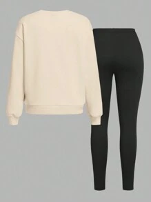 Slaydiva Set de 2 piezas con sudadera de cuello redondo holgada con estampado de retrato y floral, y pantalones ajustados tipo leggings, adecuado para otoño/invierno - Albaricoque - Ver 3
