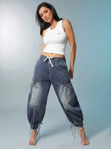 Denimoi Fashion Bleashed Adjustable Drawstring Cargo Jeans - Medium Wash - View 3