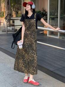 DAZY Summer New Loose Casual Leopard Print Women Denim Strap Dress Cheetah Print