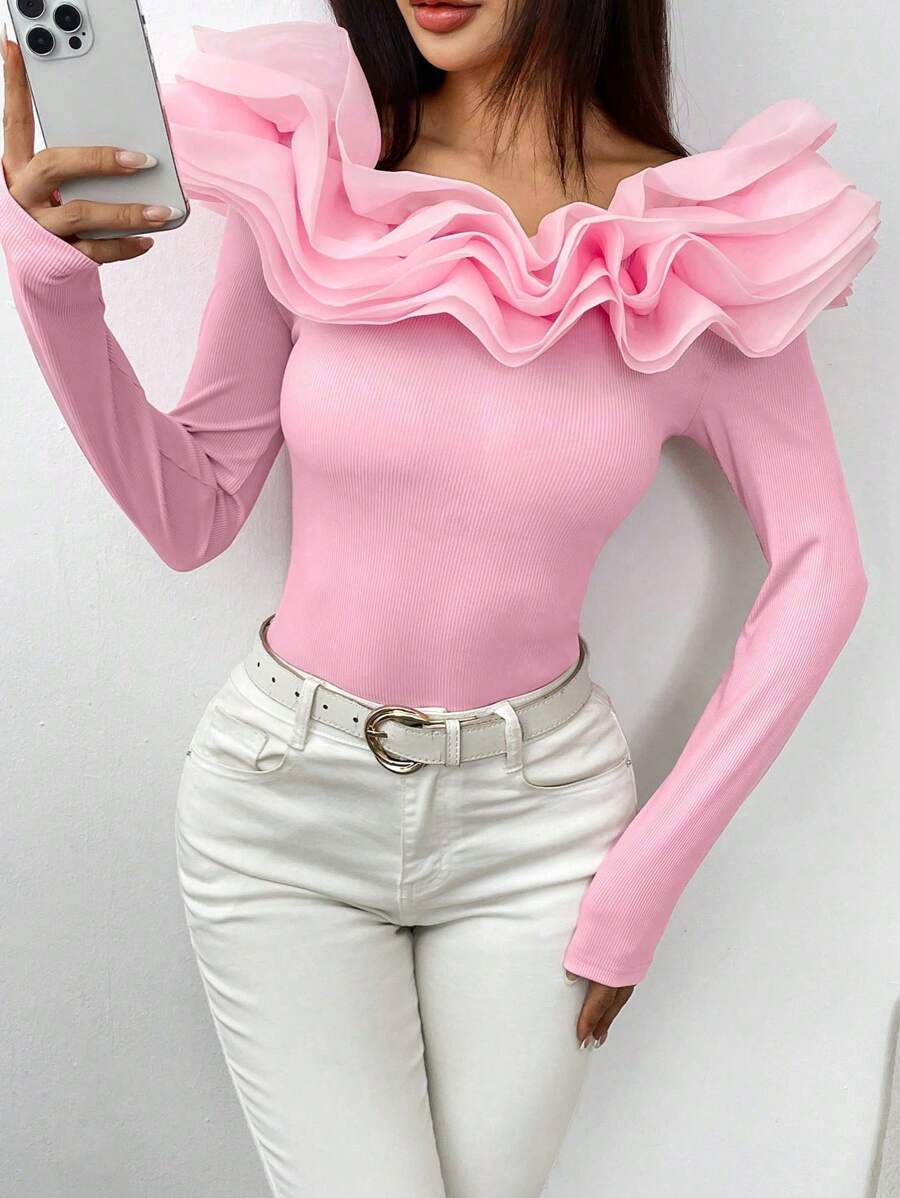 Chiquease Women's Solid Color Off Shoulder Long Sleeve Fashion T-Shirt - Pink - View 1