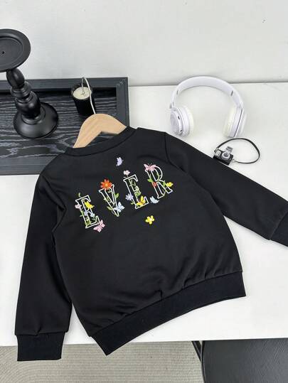 Young Boys Black Crew Neck Long Sleeve Floral & Letter Print Sweatshirt, Suitable For School, Outings And Autumn/Winter Wear