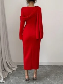 Elenzga Nieuw uniek ontwerp Sense Cape lint geknoopt voor split lange jurk, getailleerd en slankmakend, stijlvol voor lente/herfst, stijlvolle rode kleur
