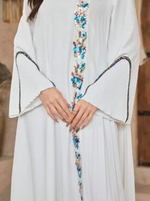 SHEIN Najma 立领侧缝褶饰亮片花卉蕾丝喇叭袖宽下摆阿拉伯连衣裙，端庄 - 白色 - 查看 4