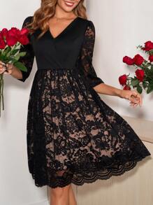 Ellevyn Clasi Women Lace Puff Sleeve Fitted Waist V-Neck Elegant Everyday Mini Dress Valentine's Day Spring Clothes - Black - View 4