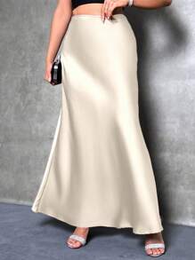 SHEIN PETITE Women's Solid Color Mermaid Style Skirt, Satin Skirt, Elegant Long Skirt, Suitable For Parties And Everyday Wear - Beige - View 6