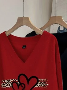 SHEIN LUNE Ladies Red Heart-Shaped Leopard Print Lover Cute Comfortable V-Neck Sweatshirt In Red And Black