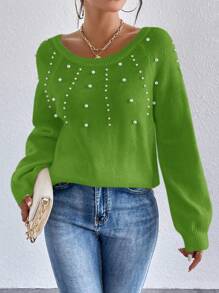 SHEIN Unity Women Casual Beaded Raglan Sleeve Sweater, Autumn/Winter Knit Pullover Fall Sweater - Green - View 4