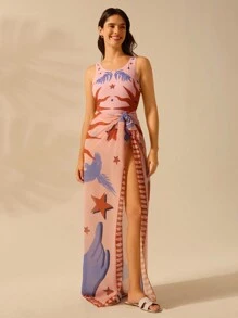 CAJUNI Women's Boho Print Vacation Casual Beach Swim Cover Up Skirt Sarong For Summer Beach Vacation, Country Concert