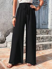 SHEIN Tall Quần ống rộng màu đen, quần vải dệt kim họa tiết tối giản giản dị, nhẹ mùa xuân cho kỳ nghỉ, ngày lễ tình nhân, lễ hội âm nhạc, trang phục hàng ngày - màu đen - Xem 4