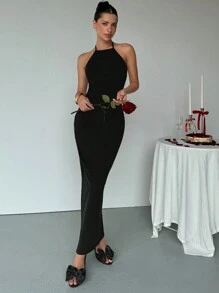Aloruh 女士优雅性感露背蝴蝶结装饰领带生日紧身连衣裙