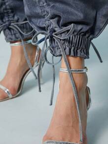 Denimoi Fashion Bleashed Adjustable Drawstring Cargo Jeans - Medium Wash - View 2