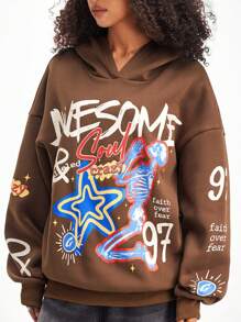 SHEIN EZwear Women's Sport Number Printed Graphics Baggy Sweatshirt Hoodies - Brown - View 1