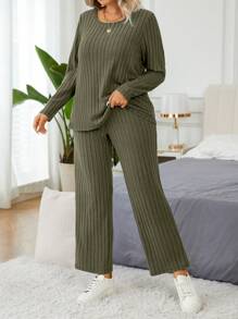 Calvaya 2pcs Set Fitted Casual Ribbed Velour Long Sleeve Top And Long Pants With Built-In Bra And Lining - Olive Green - View 3