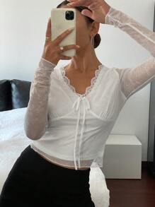 DAZY Solid Color Fitted Long Sleeve Contrast Lace Bowknot Blouse For Women, Spring/Summer Sheer,Fall Clothes - White - View 4