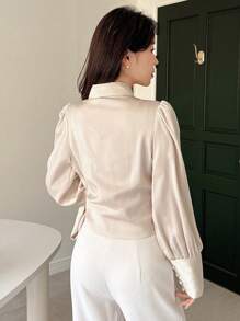 DAZY Einfarbige, locker sitzende Bluse mit langen Ärmeln und Schleife für Damen, geeignet für Frühling, Sommer und Herbst - Aprikosenfarben - Übersicht 2