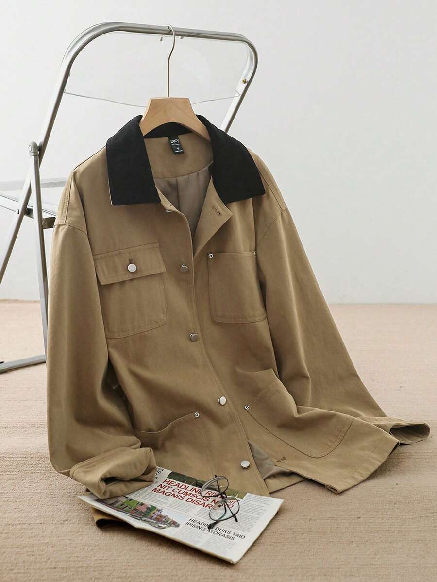 Dazy-Less Contrast Color Block Loose Minimalist Big Pocket Utility Style Regular Fit Women Trench Coat,Fall Clothes Women Jacket - Khaki - View 1