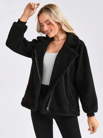 SHEIN Wildara Veste régulière doublée de peluche décontractée, Automne/Hiver