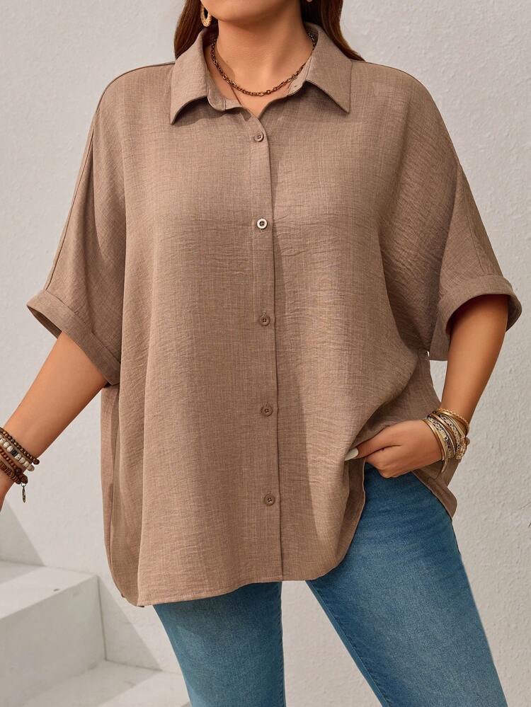 Plus Size Women's Solid Color Batwing Sleeve Loose Single-Breasted Casual Shirt, Vacation Woman, Summer