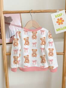 SHEIN Cute Cartoon Bear & Bow Print Pink Loose Fit Casual Round Neck Comfortable Daily Wear Knit Long Sleeve Sweatshirt For Young Girls
