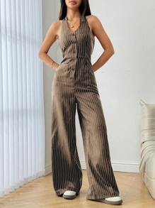 Flirla 前条纹纽扣后系带休闲连体裤