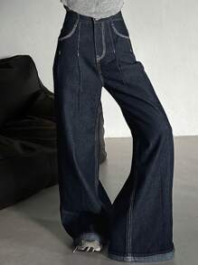 DAZY Women's Casual Distressed Wide Leg Jeans With Pockets - Blue - View 5