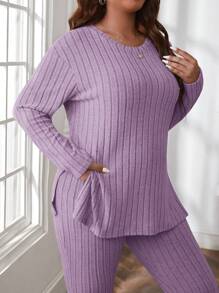 SHEIN Essnce Conjunto de 2 piezas informal y cómodo de talla grande acanalado - Morado - Ver 6