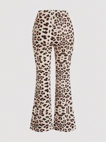 Flirla Plus Size Women Leopard Print Long Sleeve Zip-Up Hooded Jacket And Flared Pants 2 Pieces Set