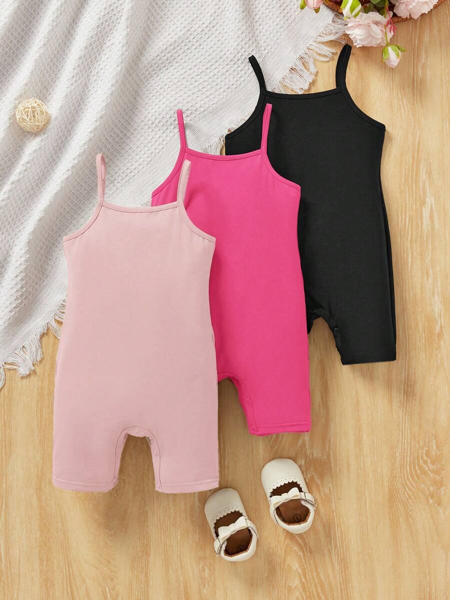 SHEIN 女宝宝 3 件套夏季可爱简约纯色弹力吊带背心和短裤连体衣套装