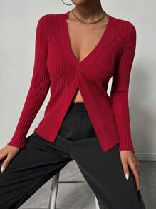 Chiquease Women's Regular V-Neck Casual Twist Rib Burgundy Split Ribbed Fitted Autumn/Winter Knit Sweater Knit Pullover Fall - Red - View 1