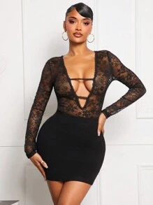 SHEIN SXY 女士深 V 蕾丝长袖修身透明紧身衣，黑色紧身衣，蕾丝，黑色长袖紧身衣 - 黑色 - 查看 7