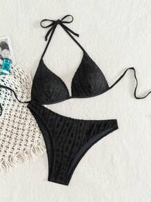 SHEIN Swim 夏季海滩度假游泳装女士聚拢钩针比基尼套装 - 黑色 - 查看 5