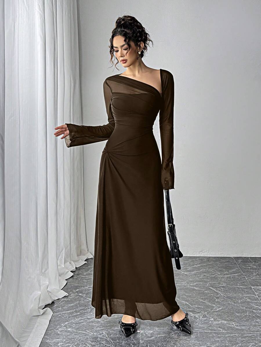 Siren Gaze 秋季女装黑色网纱修身长袖连衣裙腰褶修身A字下摆长裙节日连衣裙背心裙黑色长袖连衣裙 - 棕色 - 查看 1