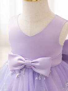 Glamorique Kids 女婴圣诞派对礼服，蓝色亮片网眼薄纱斗篷礼服，带大蝴蝶结和缎面泡泡裙，适合 1 岁生日婚礼派对 - 淡紫色 - 查看 6