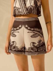CAJUNI Women's Boho Tropical Bird & Plant Print Casual Vacation Summer Beach Apricot Shorts