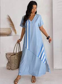 SHEIN LUNE Plus Size Women V-Neck Short Sleeve Loose Striped Splice Casual Dress