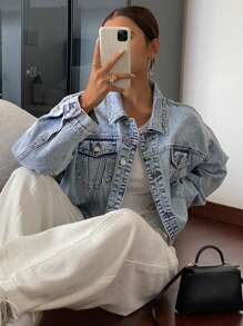 Livesso Women's Short Embroidered Denim Jacket - Light Wash - View 5