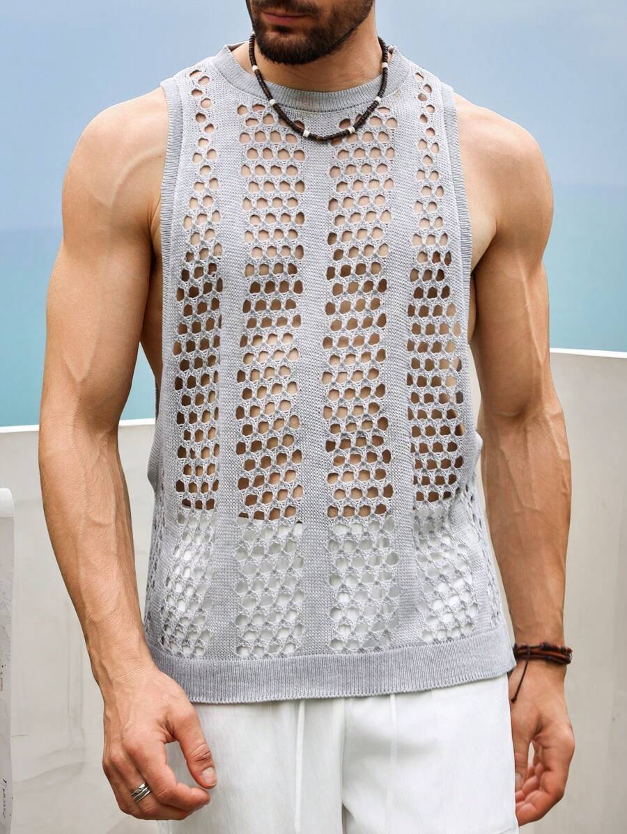 Manfinity Fever City Men's Solid Color Sleeveless Hollow-Out Knit Top, Casual Resort Wear - Light Grey - View 1