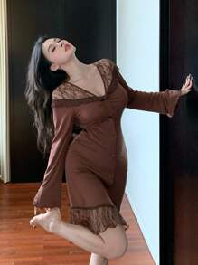 DAZY Semi-Sheer Romantic Lace Patchwork Pleated Design Open Front Slim Fit Nightgown Pajama, Fall - Brown - View 5
